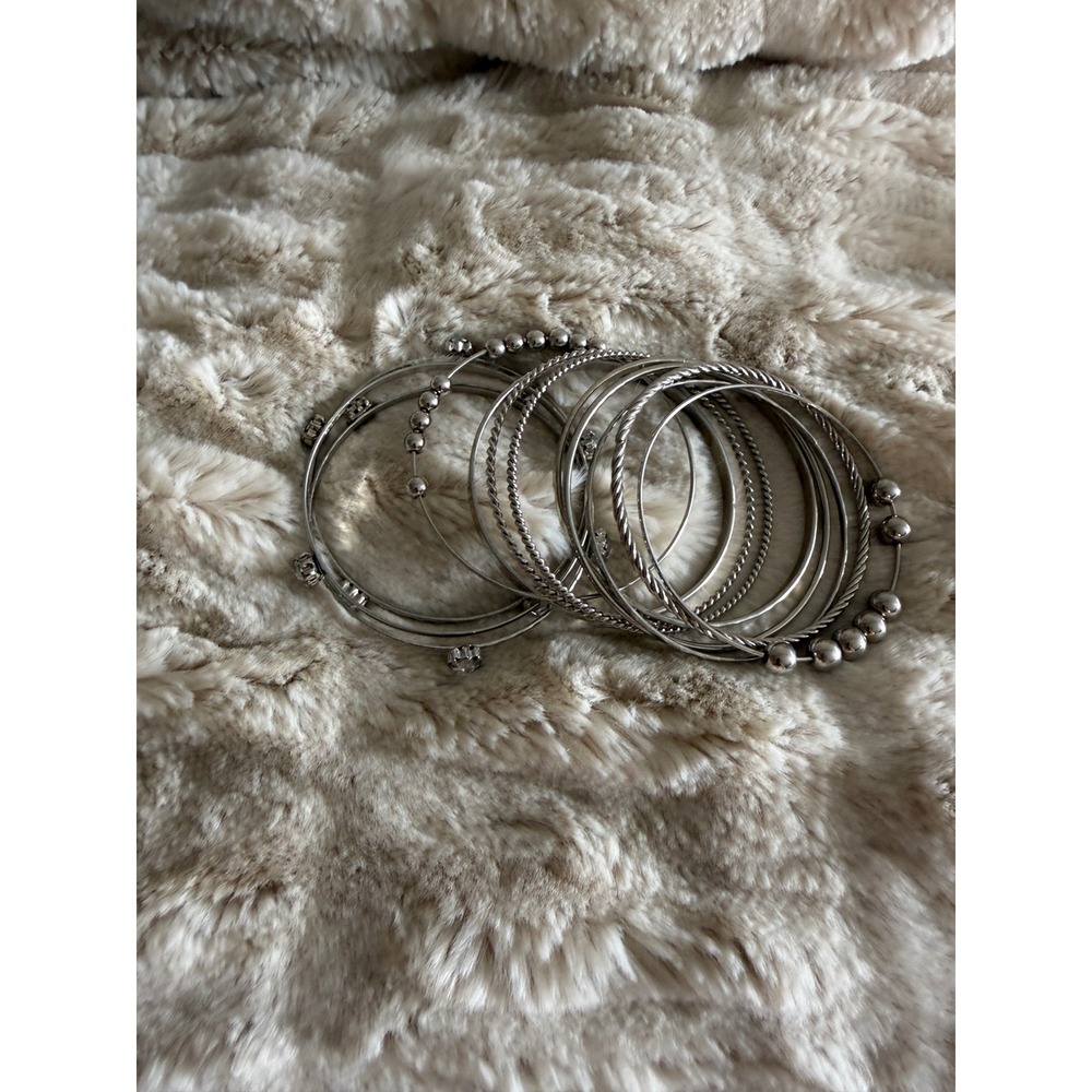 Silver Tone Stackable Bangle Bracelet Set Rhinestone Beaded Twisted Rope 10pc - Picture 5 of 5
